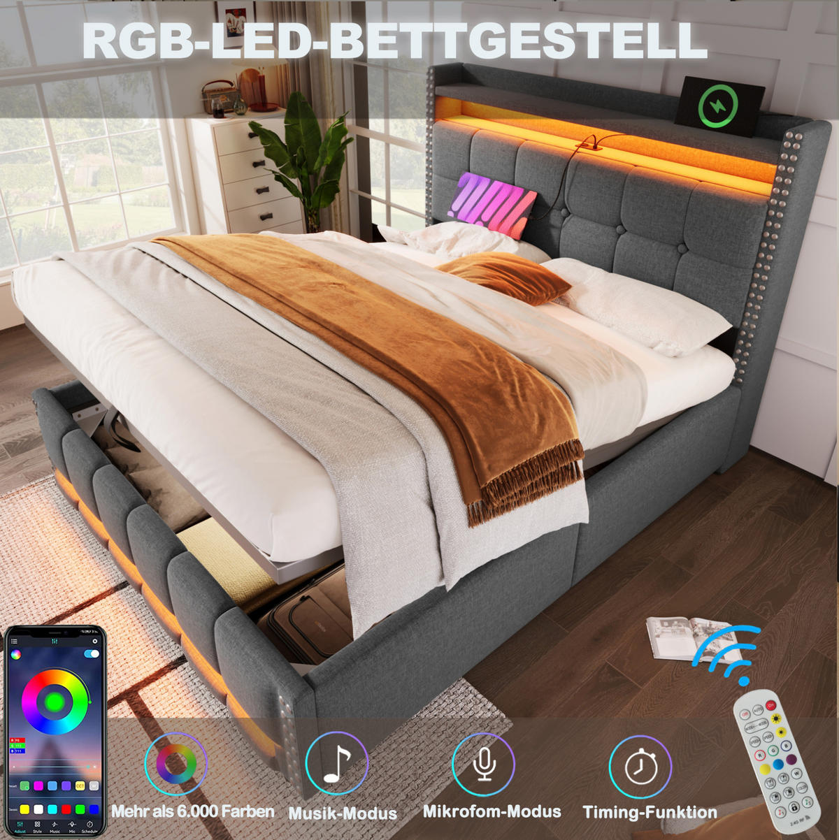POLSTERBETT 160/200 cm aus Leinenstoff mit LED-Beleuchtung und USB-Steckdose, Grau - Grau, Textil (160/200cm) - OKMYHOME