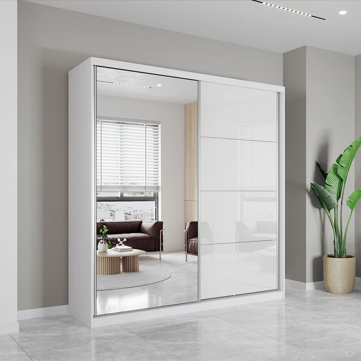 SCHWEBETÜRENSCHRANK 203/218/61cm 2-türig Pola 35 Weiß,Weiß Semigloss - Alufarben/Weiß, Glas/Holzwerkstoff (203/218/61cm) - imoebel24