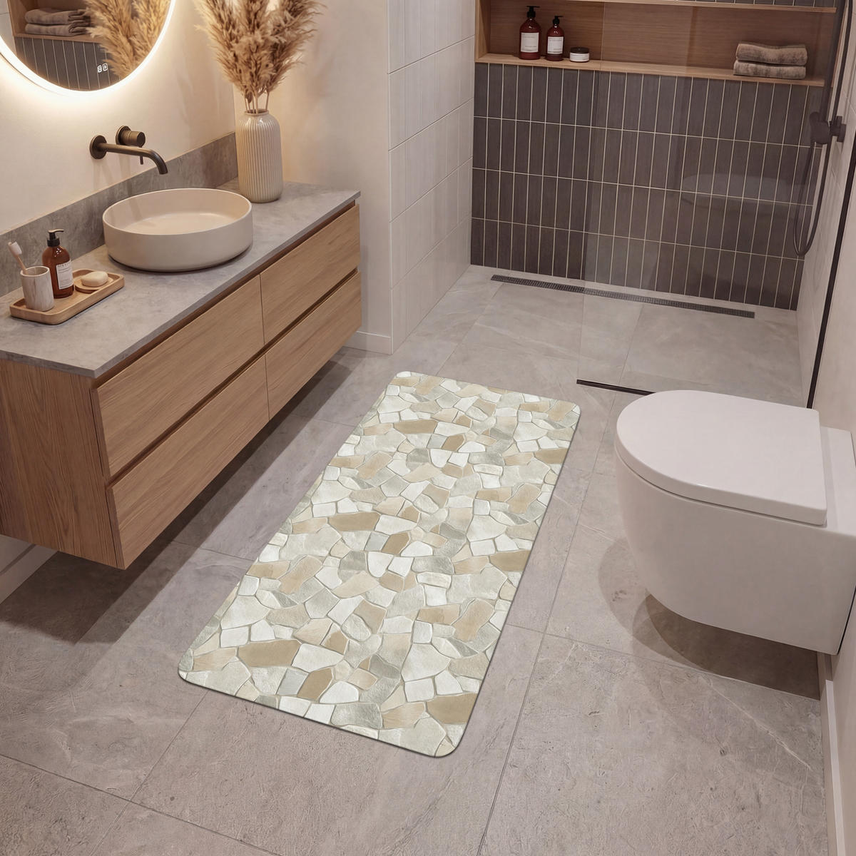 KÚPEĽŇOVÁ PREDLOŽKA Mozaika - Kamienky - béžová 60x120 cm - krémová/béžová, textil/plast (60/120cm) - OnlyWow