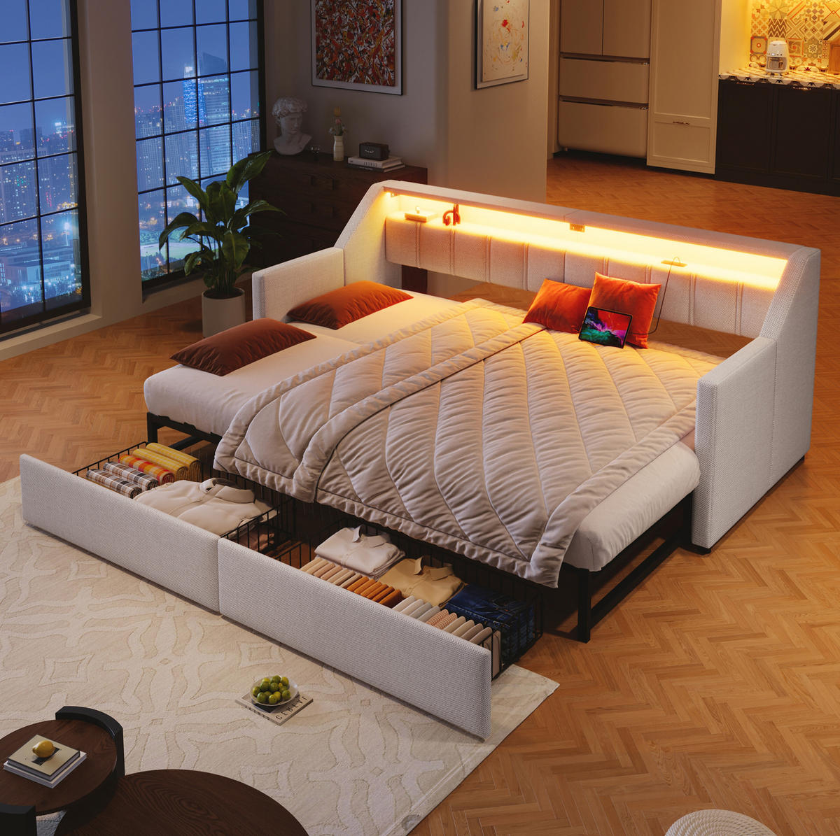 BETT aus Leinen 90x200 cm Beige mit USB, Typ-C, LED-Leiste und Ausziehfunktion - Beige, Textil (90/200cm) - Modfu