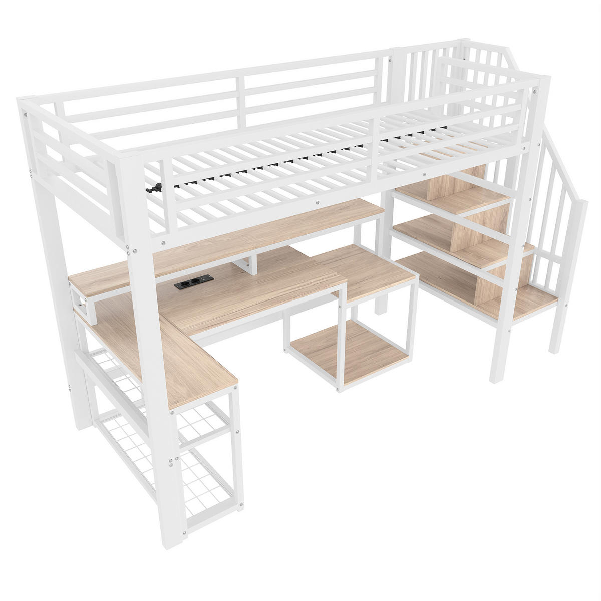 HOCHBETT 90/200 cm in Weiß mit LED-Beleuchtung, Schreibtisch und USB-Anschluss - Weiß, Metall (90/200cm) - Flora Grace