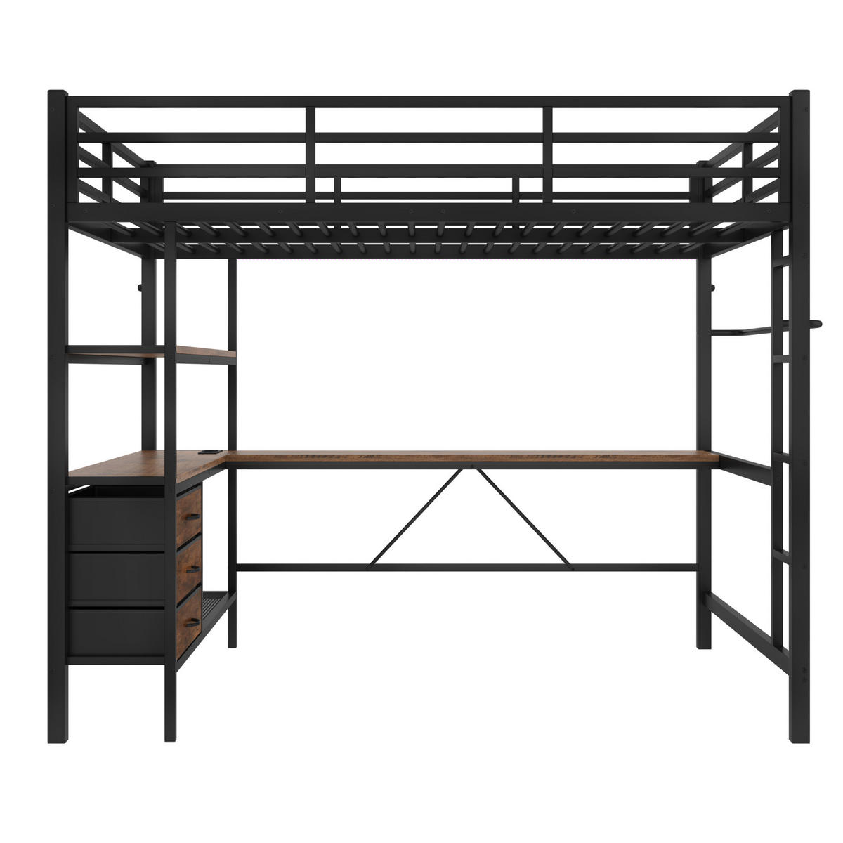 HOCHBETT aus Metall und MDF 140x200 cm Schwarz mit LED-Beleuchtung, Schreibtisch, USB und 3 Schubladen - Schwarz, Metall (90/190cm) - Modfu
