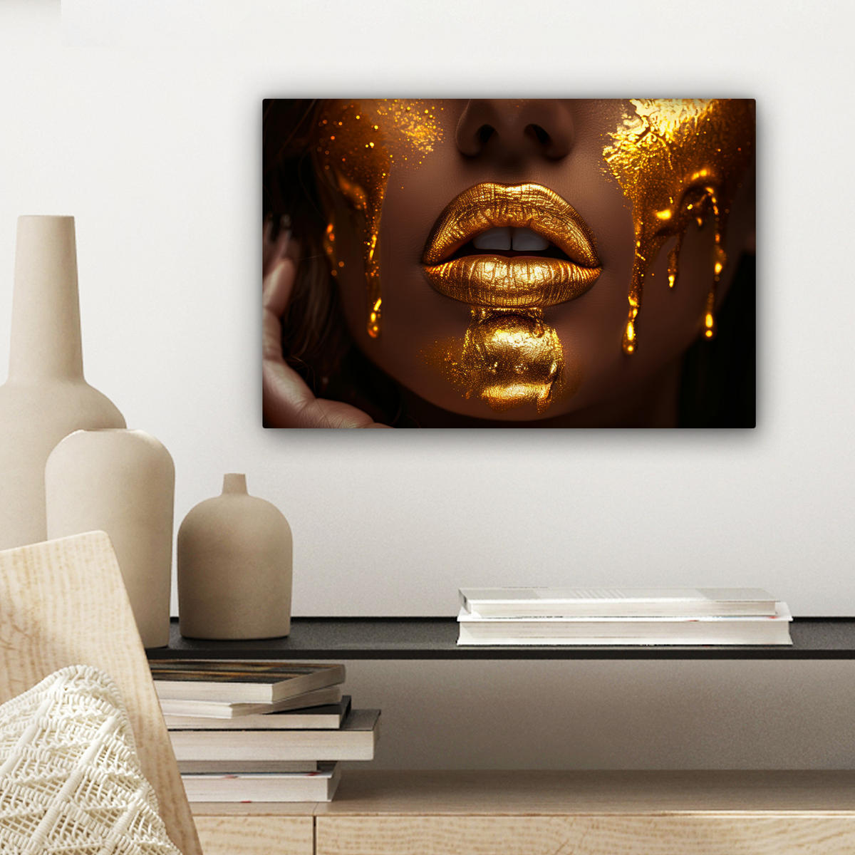 LEINWANDBILD Frau - Gold - Luxus - Porträt Deko Schlafzimmer 30x20 cm - Goldfarben, Textil (30/20cm) - MuchoWow