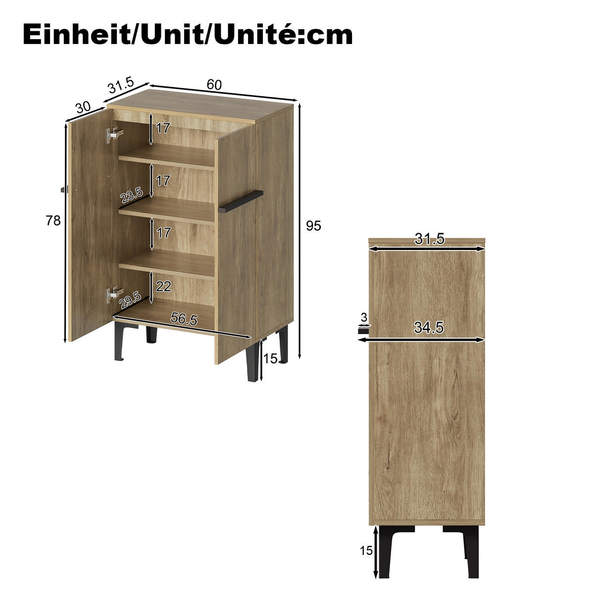 SCHUHSCHRANK 60/34,5/95 cm schwarz in Holzoptik aus Holzwerkstoff mit Doppeltüren - Schwarz, Holzwerkstoff (60/95/34.5cm) - OKWISH
