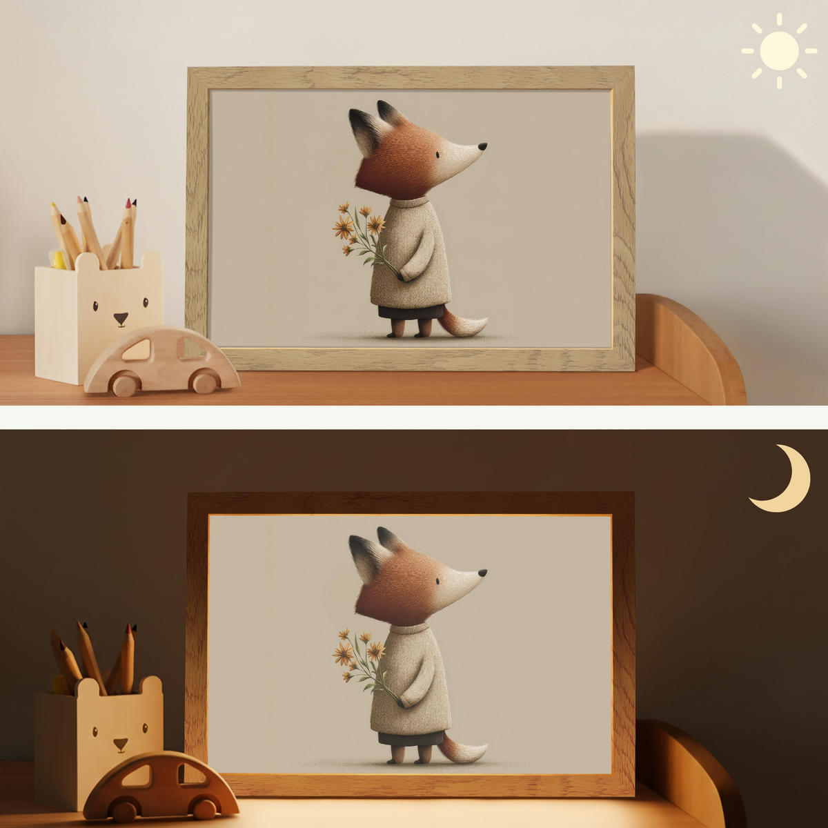 NACHTTISCHLAMPE Fuchs - Gelbe Blumen - Minimalistisch 30x20 cm - Taupe, Holzwerkstoff (8/30/20cm)