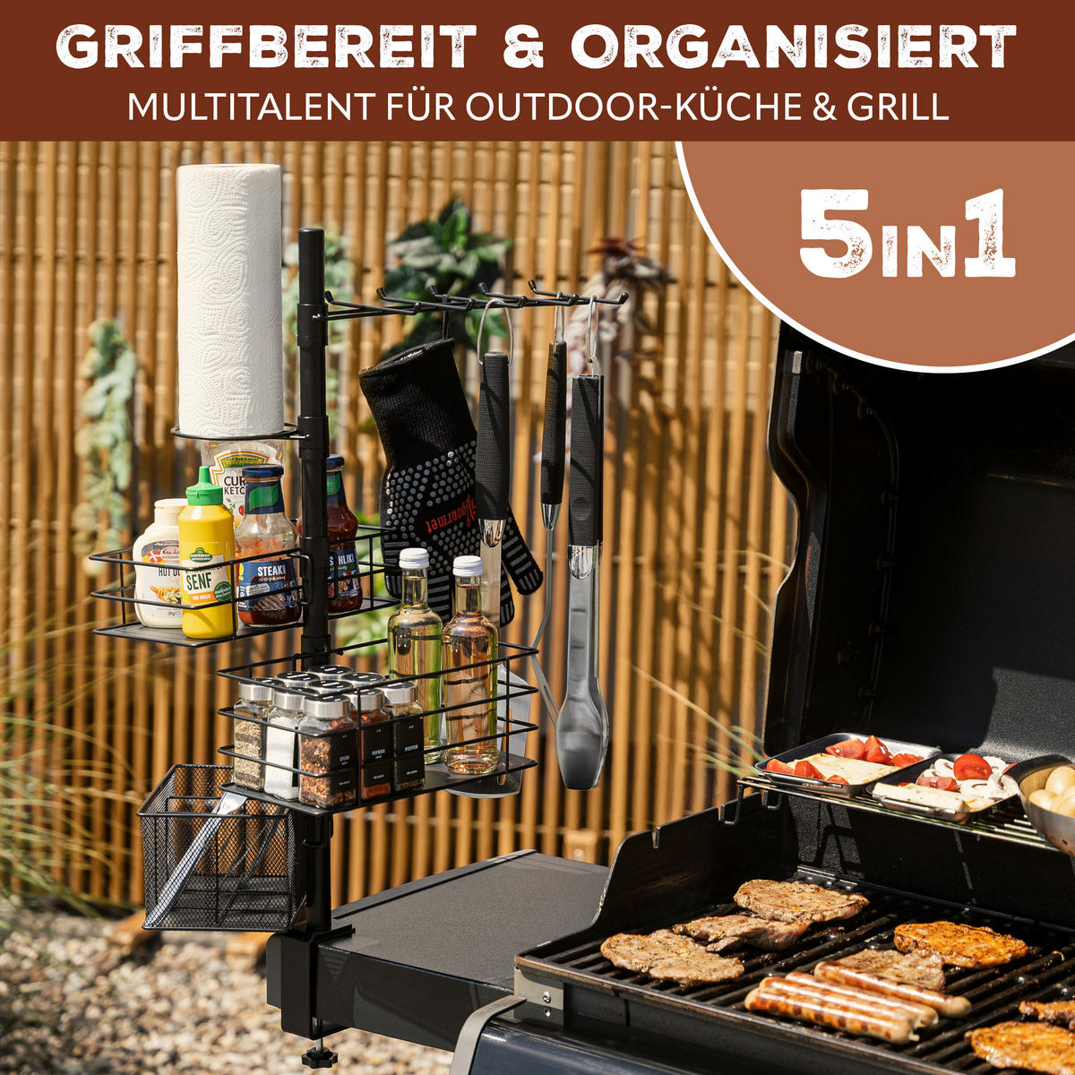 GRILLZUBEHÖR-ORGANIZER 5in1, schwarz, Metall - Schwarz, Metall (35cm) - eluno