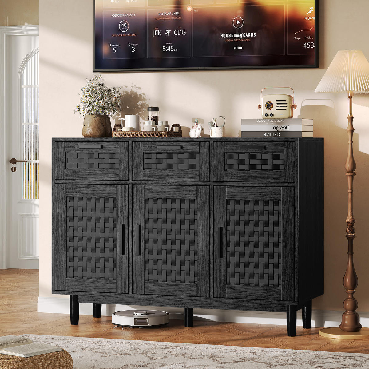 SIDEBOARD 108x40x80 cm Rattan 3 Türen 3 Schubladen schwarz - Schwarz, Holz (107.9/80/40cm) - LEBENLANG