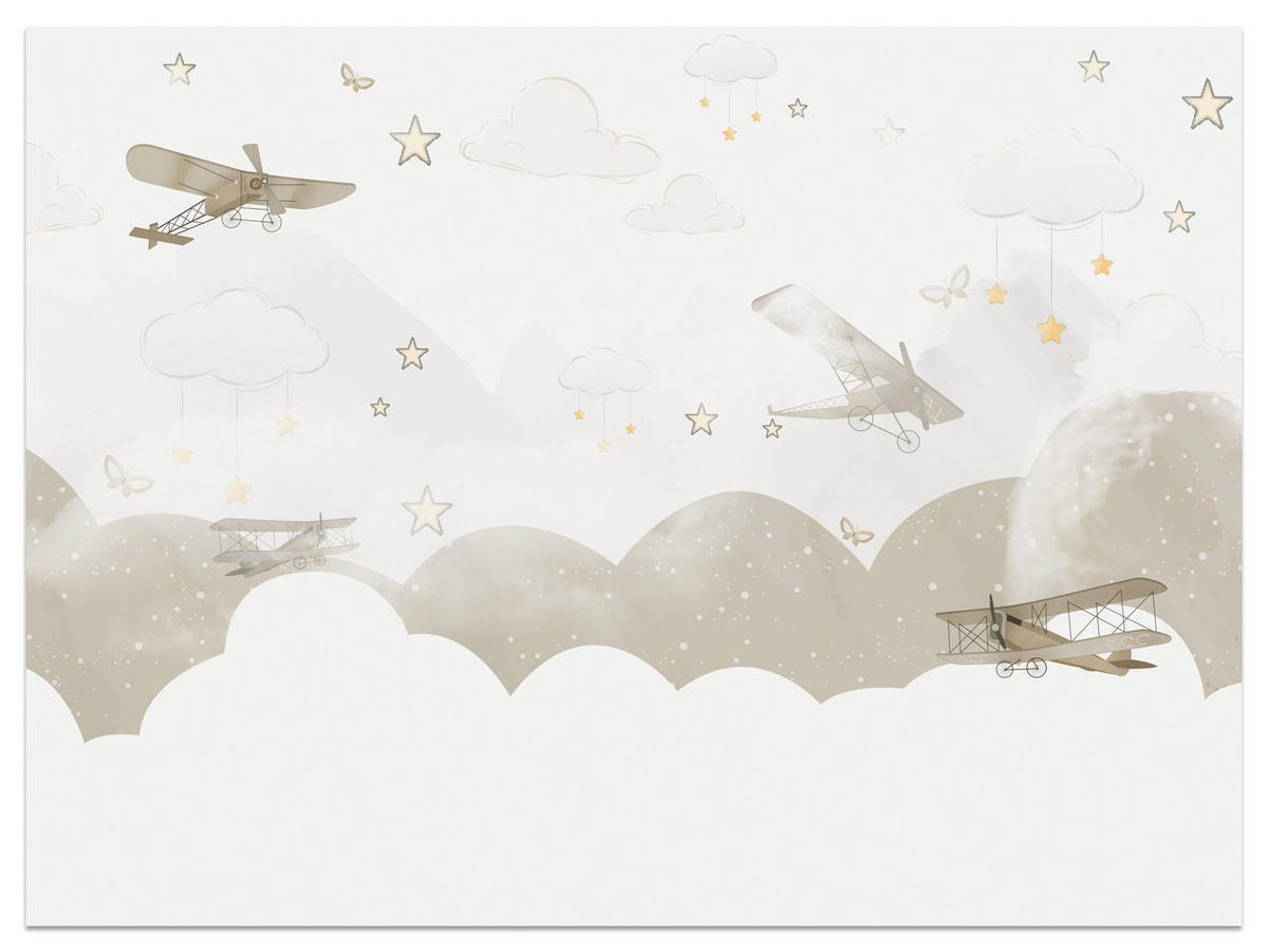 FOTOTAPETE für Kinderzimmer Flugzeuge Wolken Sterne Himmel 300x210 - Gelb/Beige, Papier (300/210cm) - Muralo