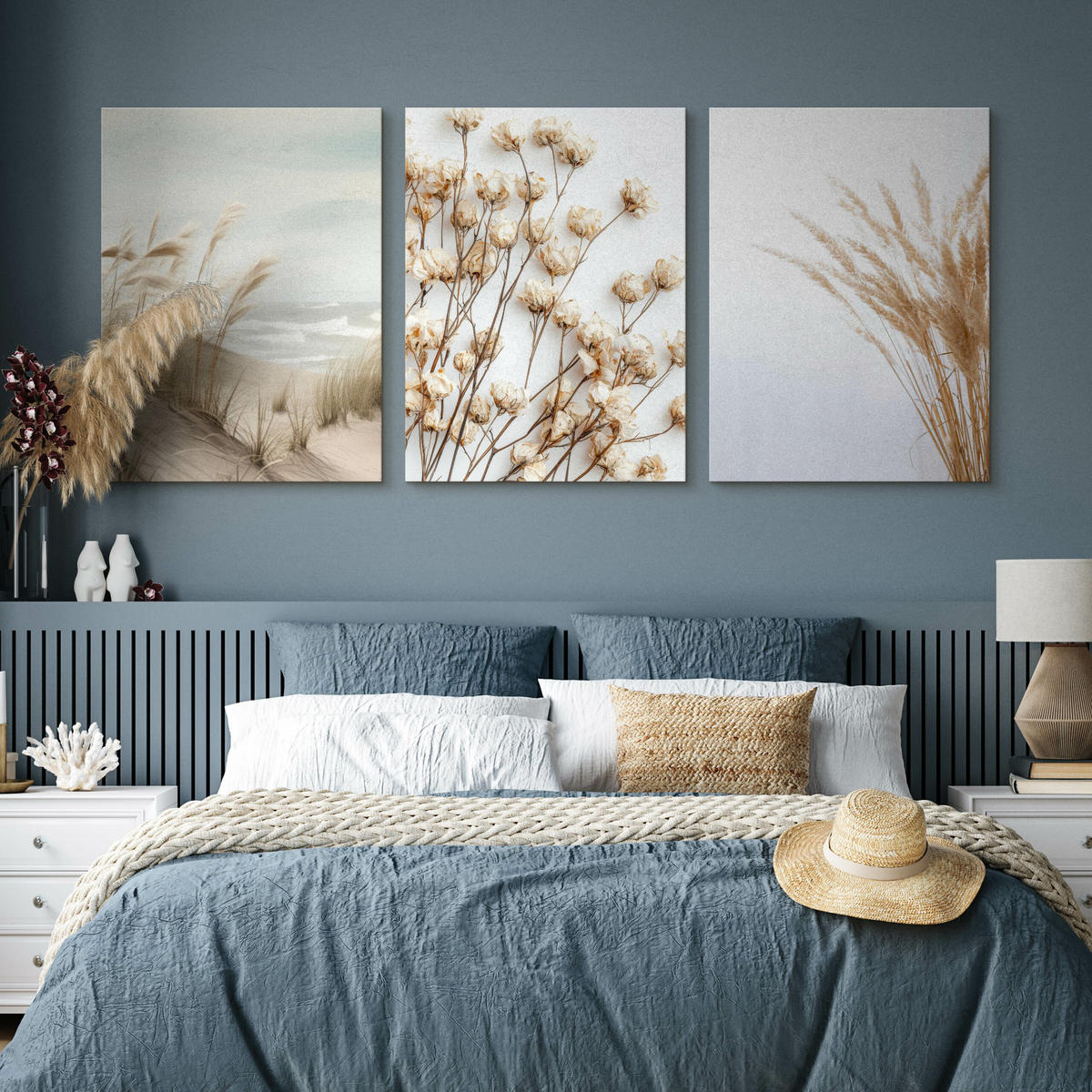 LEINWANDBILDER 3-es Set Pflanzen Strand - Blau/Beige, Textil (90/40cm) - Muralo