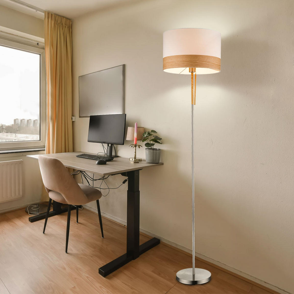 LED STEHLEUCHTE CHIPSY Silber Textil Holzoptik - Silberfarben, Holz (40/40/170cm) - Globo Lighting