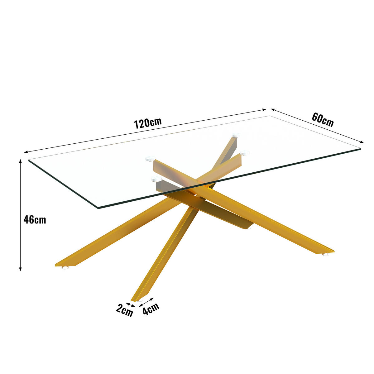 COUCHTISCH DE-37412 120 cm rechteckig mit Glasplatte Gold/Transparent - Goldfarben, Metall (120/60/46cm) - ComfortXL