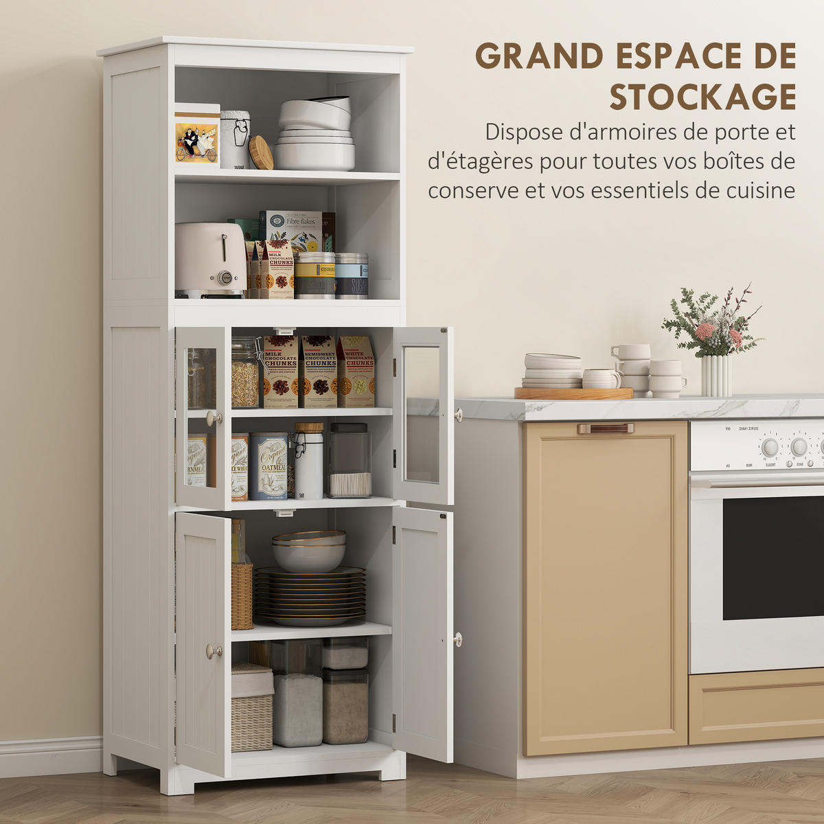 HIGHBOARD DE-11015 2 Nischen & 2 Glastüren mit verstellbaren Böden Weiß - Weiß, Holzwerkstoff (30/162/60cm) - ComfortXL