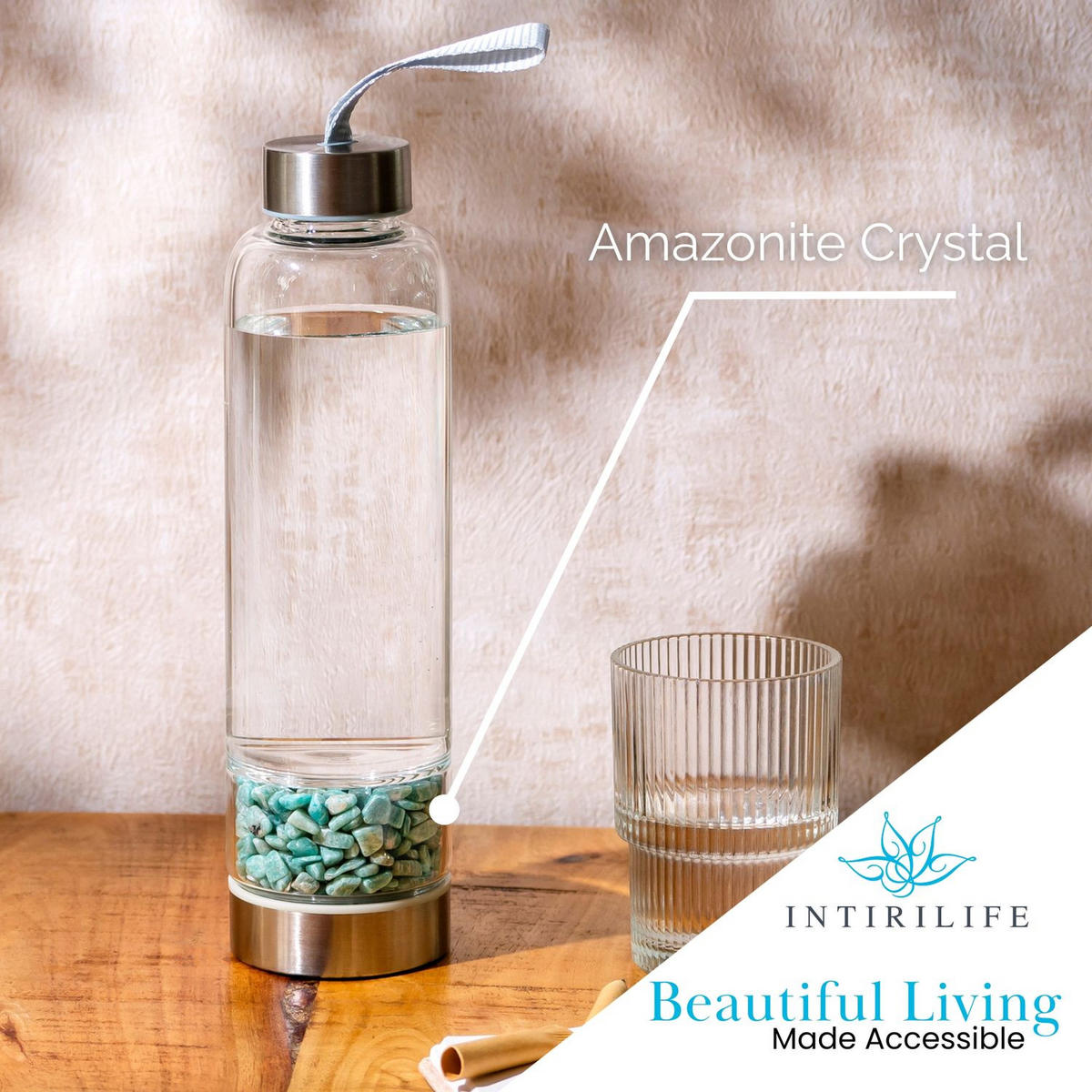 WASSERFLASCHE mit Heilsteinen und Tasche 400ml - Blau, Glas (0.4L) - Intirilife