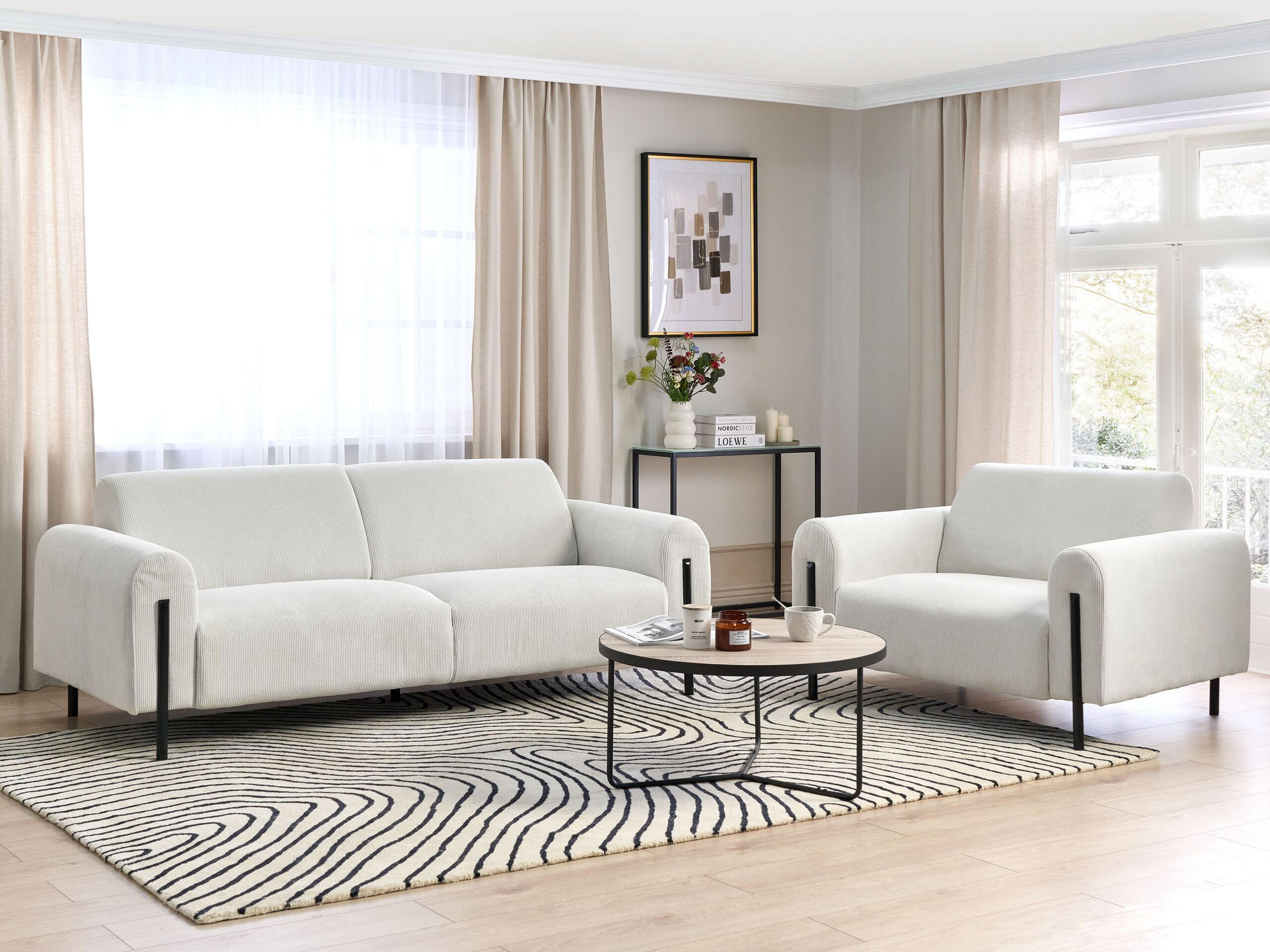 4-SITZER-SOFA Set Cord cremeweiß Askim - Schwarz/Weiß, Textil (122/122/207cm) - Beliani