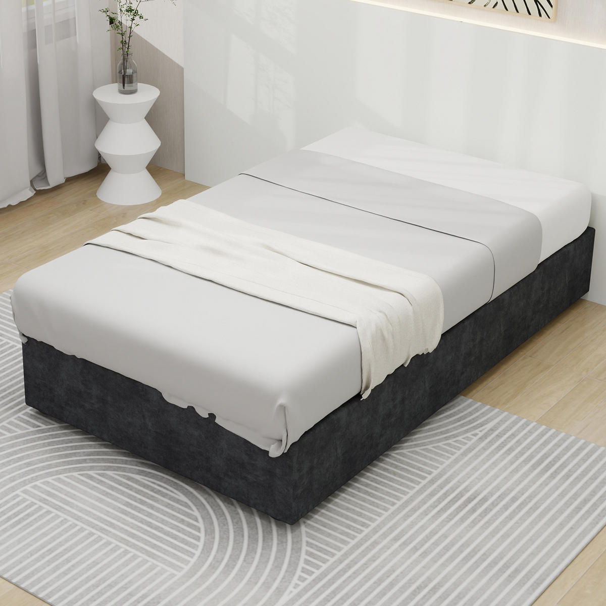 KINDERBETT 90/200 cm mit Stauraum, Cartoon-Kopfteil und Stoffbezug, Grau - Grau, Textil (90/200cm) - Redom