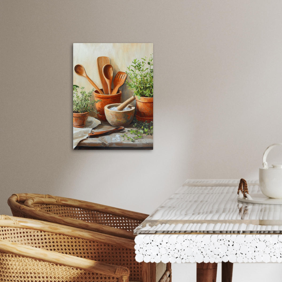 LEINWANDBILD Töpfe - Kräuter - Holz 30x40 cm - Terracotta, Textil (30/40cm) - MuchoWow