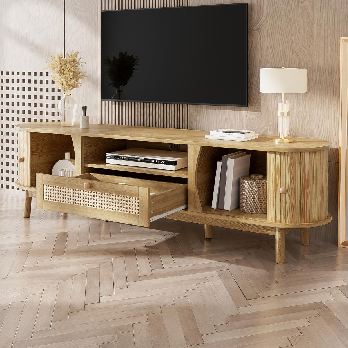 TV-LOWBOARD Rattan Türen Holz Landhaus - Naturfarben, Holz (165/46/37cm) - Fortuna Lai