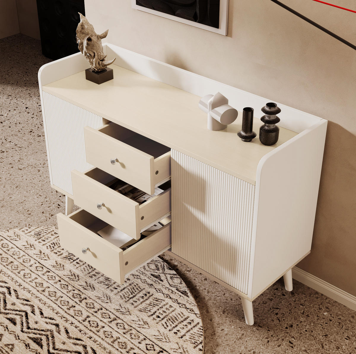 SIDEBOARD 117,5/39,5/79 cm mit 2 Schiebetüren & 3 Schubladen in Weiß/Holz - Weiß, Holzwerkstoff (117/80/70cm) - BEAOK