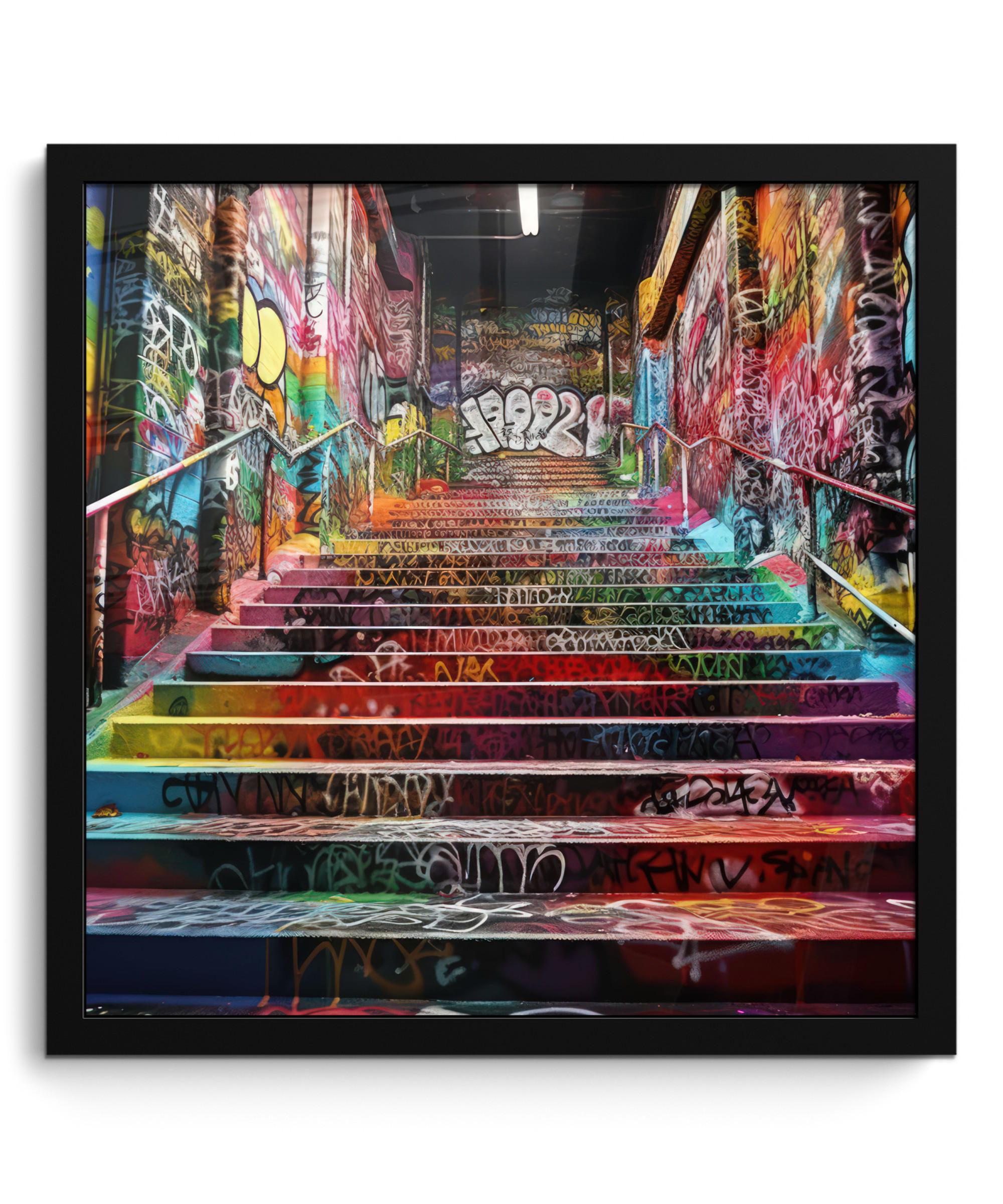 POSTER MIT RAHMEN Treppe - Graffiti - Farben - Kunst 40x40 cm - Multicolor, Papier (40/40cm) - MuchoWow