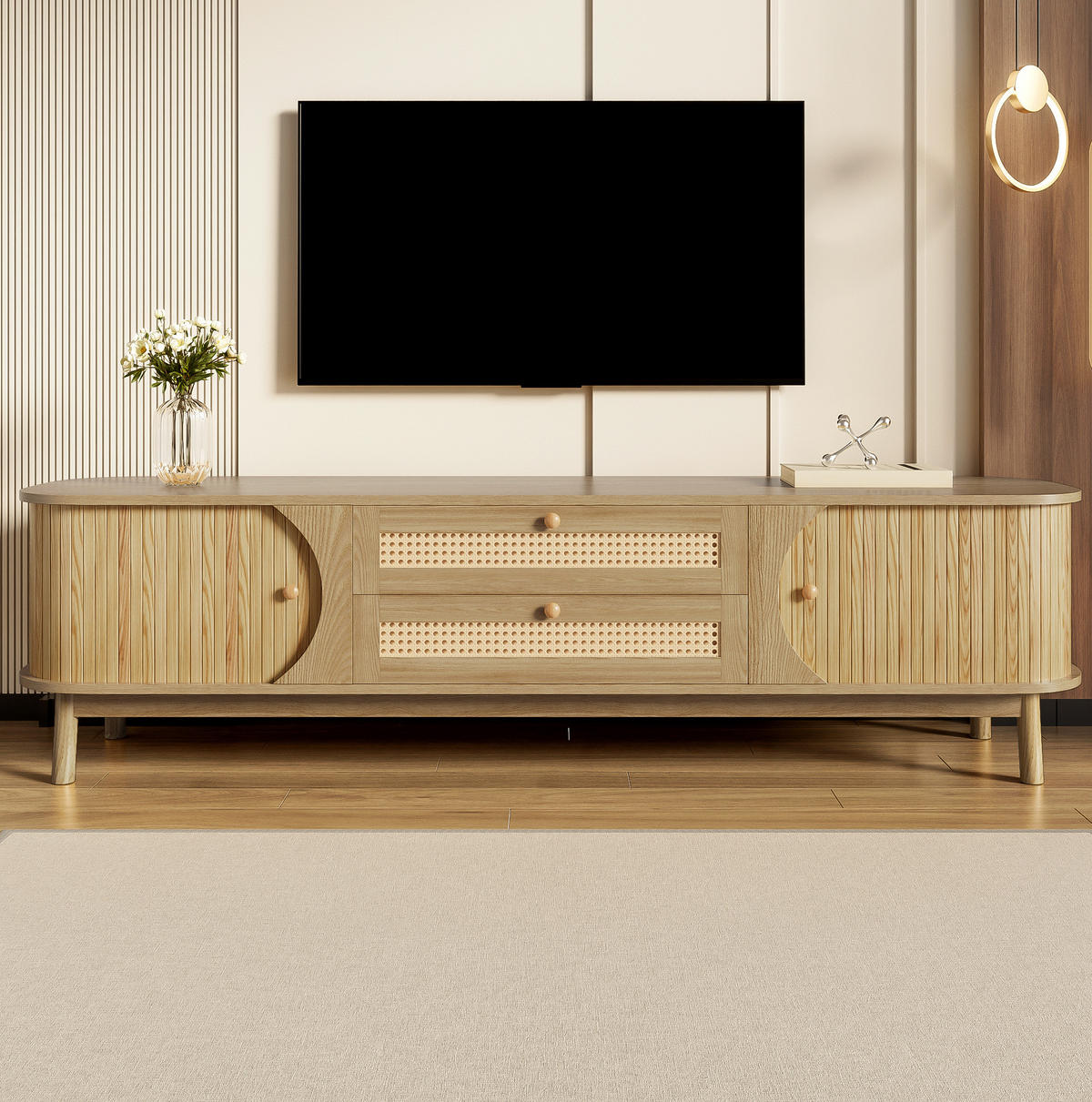 TV-SCHRANK aus MDF und Massivholz 170x39,5x46 cm Natur mit Türen und Schubladen im Rattan-Look - Eichefarben, Holzwerkstoff (170/46/39.5cm) - Modfu