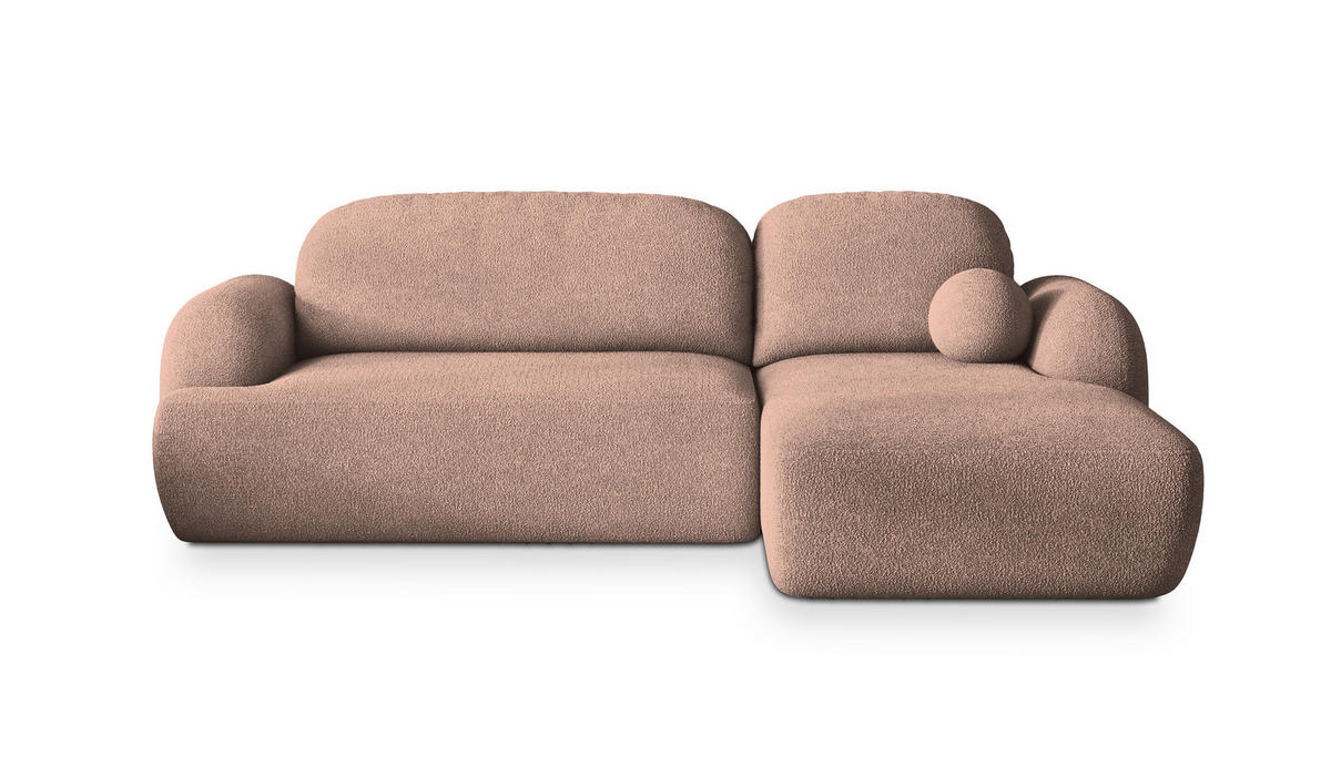 ECKSOFA MODENZA N R-S Rosa Boucle-Stoff mit Schlaffunktion - Rosa, Holz (266/148cm) - MASSENO