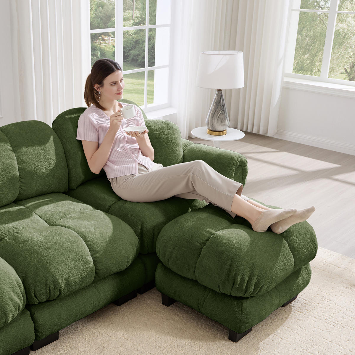 ECKSOFA 2-Sitzer mit Ottomane Chenille Grün - Grün, Holz (149/190cm) - Meubliv