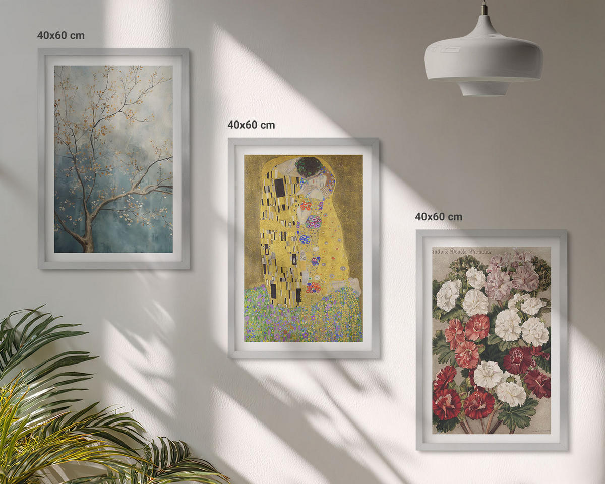 WANDBILDER 3er Set - 40x60 cm Silberner Rahmen - Blumen des Baumes (Gemälde von Klimt) - Silberfarben, Kunststoff (40/60cm) - ArtPrintCave