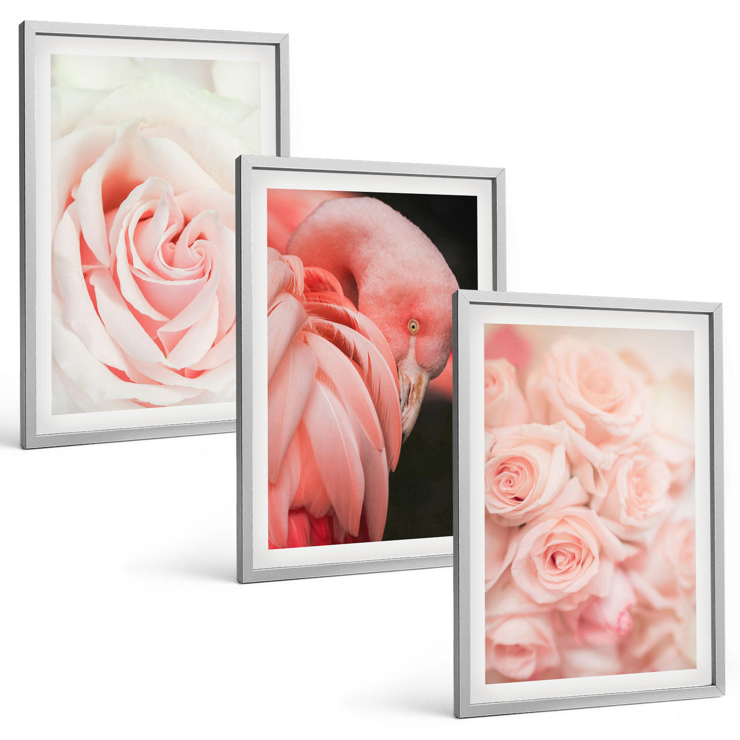 BILDER SET 3er Set - 40x60 cm Silberner Rahmen - Zartrosa Flamingos - Silberfarben, Kunststoff (40/60cm) - TULUP