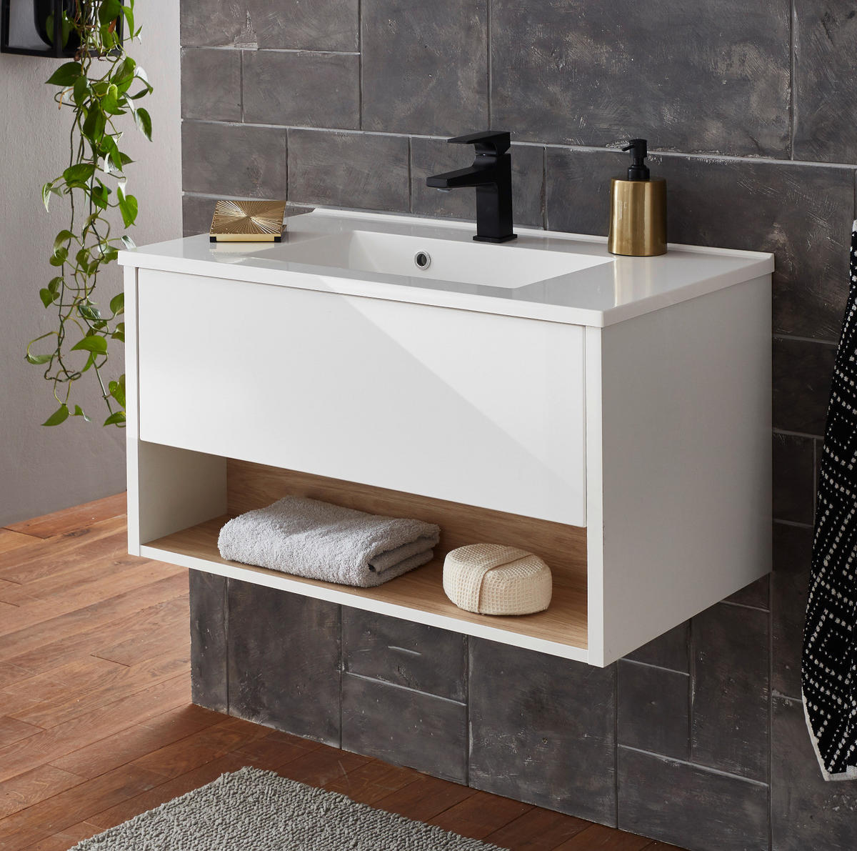 WASCHTISCH weiß Hochglanz, Eiche 80 cm, Waschbeckenunterschrank mit Waschbecken - Weiß Hochglanz, Holzwerkstoff (80/44/47cm) - Furn.Design