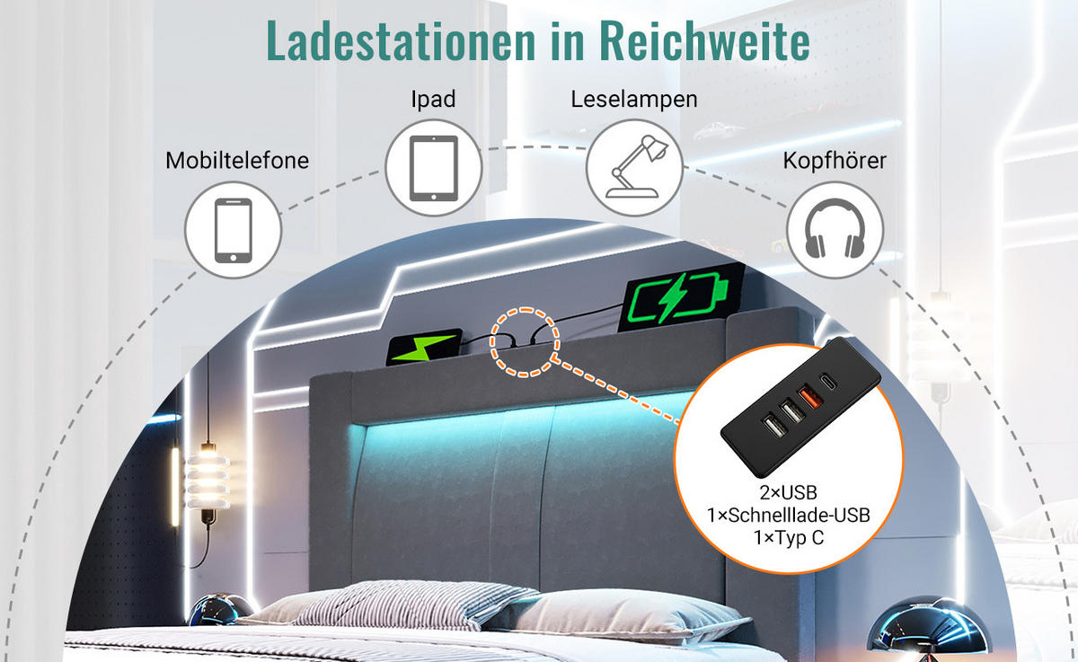 POLSTERBETT 90/200 cm Grau aus Samt mit Stauraum und LED-Beleuchtung - Grau, Textil (90/200cm) - OKMYHOME