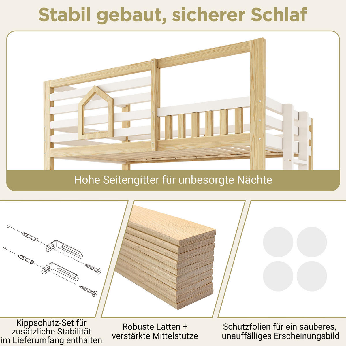 ETAGENBETT 90/200 cm & 90/200 cm in Weiß & Eichefarben mit Stauraum und Sicherheitsgeländer im Hüttenstil - Weiß/Naturfarben, Holzwerkstoff (90/200cm) - STILVORA