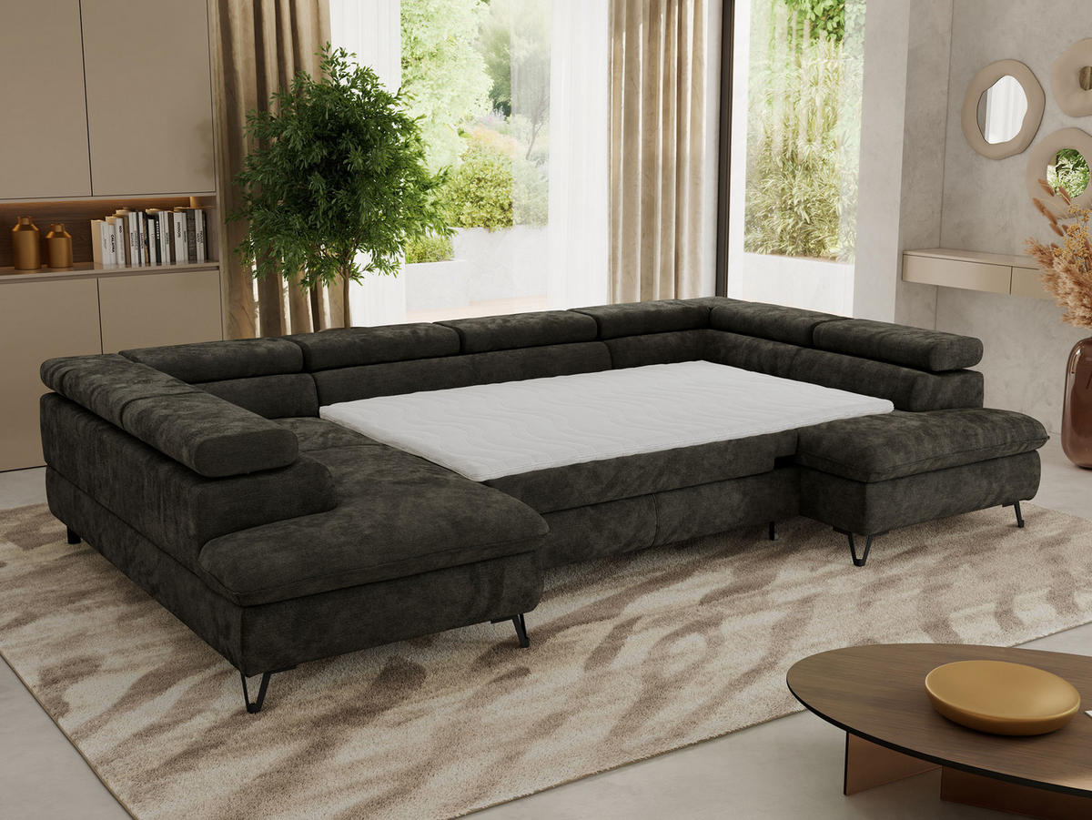 WOHNLANDSCHAFT PABLO U Schenille glatt Dunkelgrau mit Topper Visco - Dunkelgrau/Schwarz, Textil/Metall (346/76/208cm) - MKS