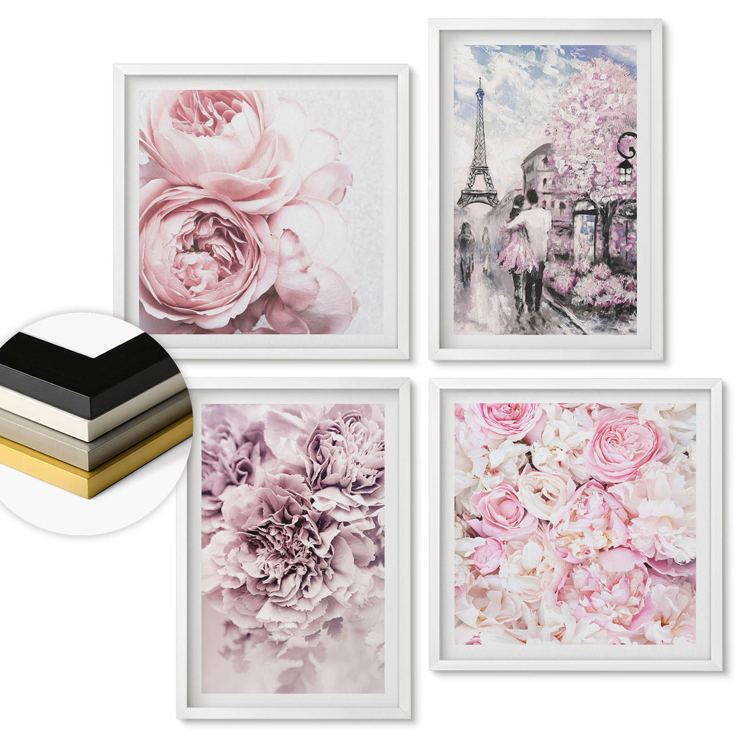 WANDBILDER 4er-Set - 50x50 cm & 40x60 cm Weißer Rahmen - Rosa Blumen, romantische Landschaft - Weiß, Kunststoff (50/50cm) - ArtPrintCave