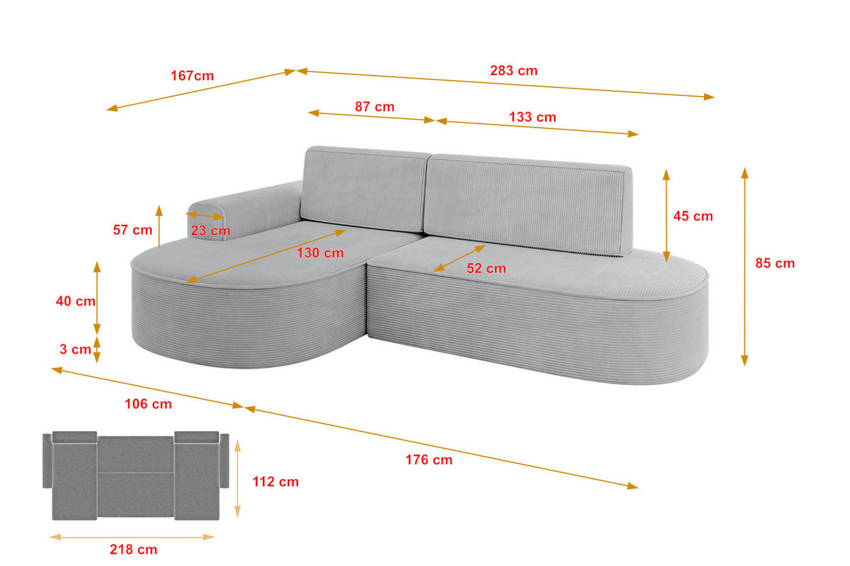 ECKSOFA mit Schlaffunktion und Bettkasten Ottomane Links MARI-L1-S - 283x167x85 cm Beige Cord - Cognac/Schwarz, Holzwerkstoff/Kunststoff (283/167cm) - ALTDECOR