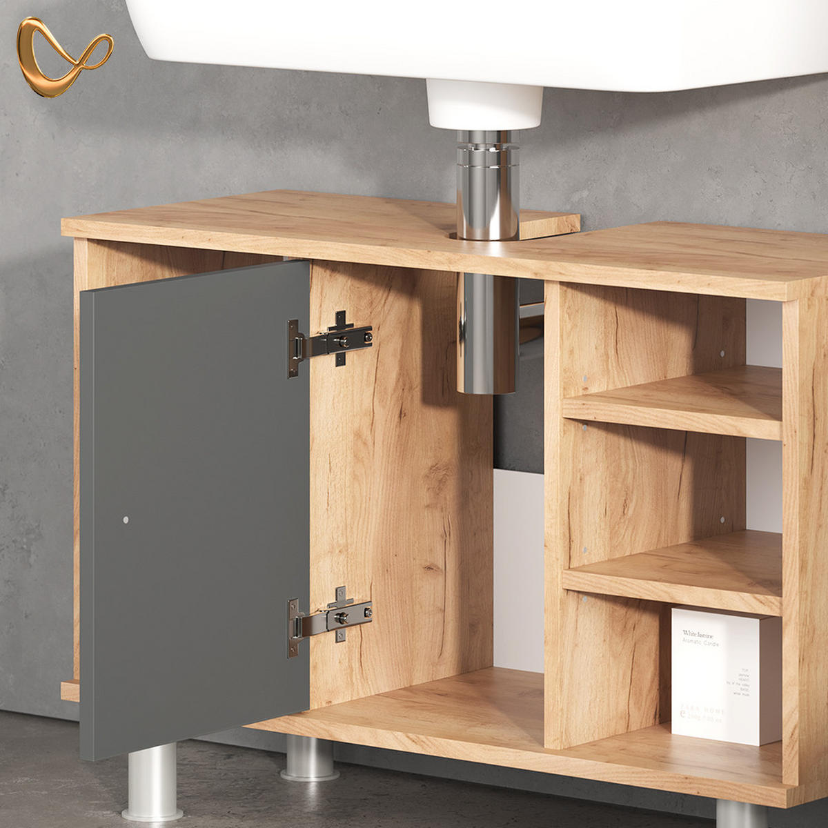 BADMÖBEL-SET Fucino Goldkraft Eiche 2 Teile, Unterschrank 80 cm - Anthrazit/Eiche Wotan, Holzwerkstoff (80/64/32cm) - Livinity®