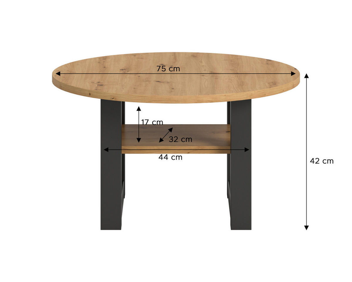 COUCHTISCH Eiche, grau rund 75 cm, Wohnzimmertisch mit Ablage - Eiche Artisan/Grau, Holzwerkstoff/Metall (75/75/42cm) - Inn.Furn