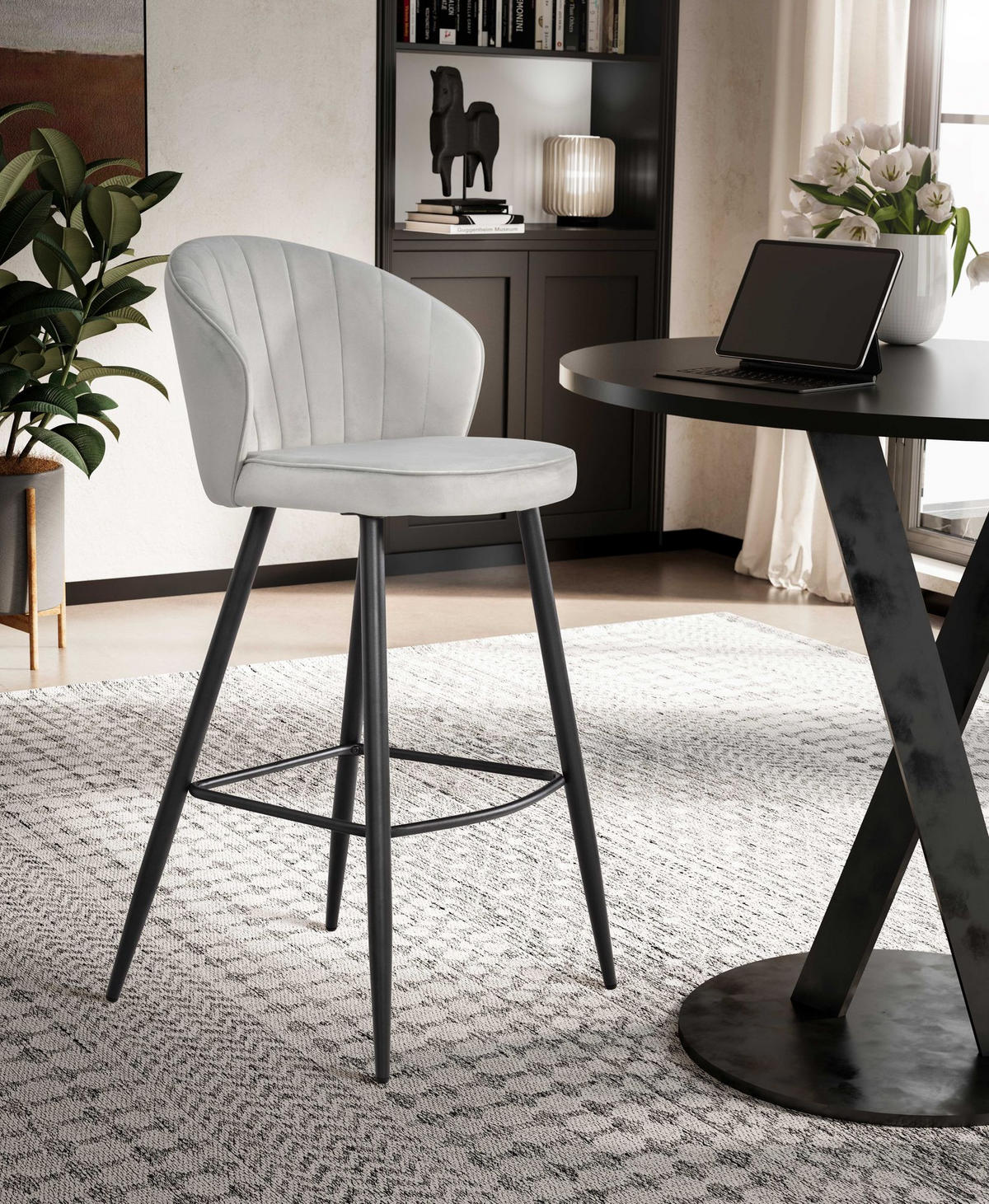 BARHOCKER Samt Lehne Skandi-Stil Stoff Metall Gepolstert, Grau 53x56x103 cm - Schwarz/Grau, Textil/Metall (53/103/56cm) - KADIMA DESIGN