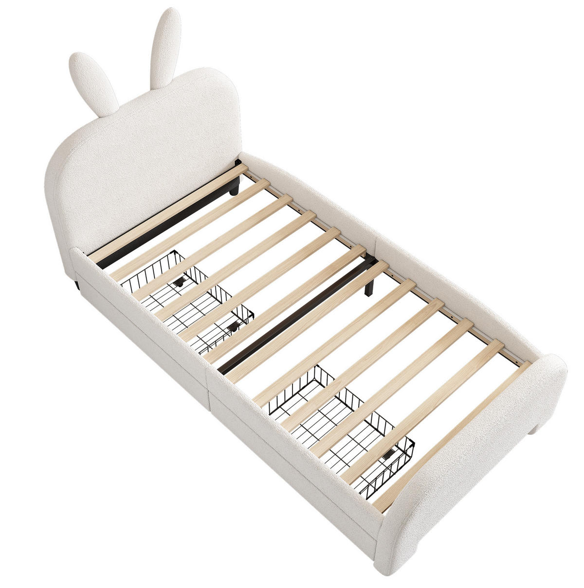 KINDERBETT Kindereinzelbetten 90/200 cm mit 2 Schubladen, gepolstertem Kaninchen-Kopfteil aus Plüsch und MDF, Weiß - Weiß, Textil (90/200cm) - Redom
