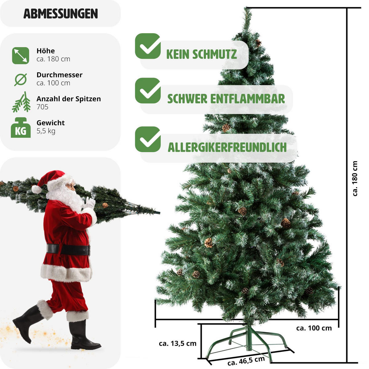 WEIHNACHTSBAUM ,inklusive Metallständer mit Kunststoffkappen,grün - Grün, Kunststoff (180cm) - tectake