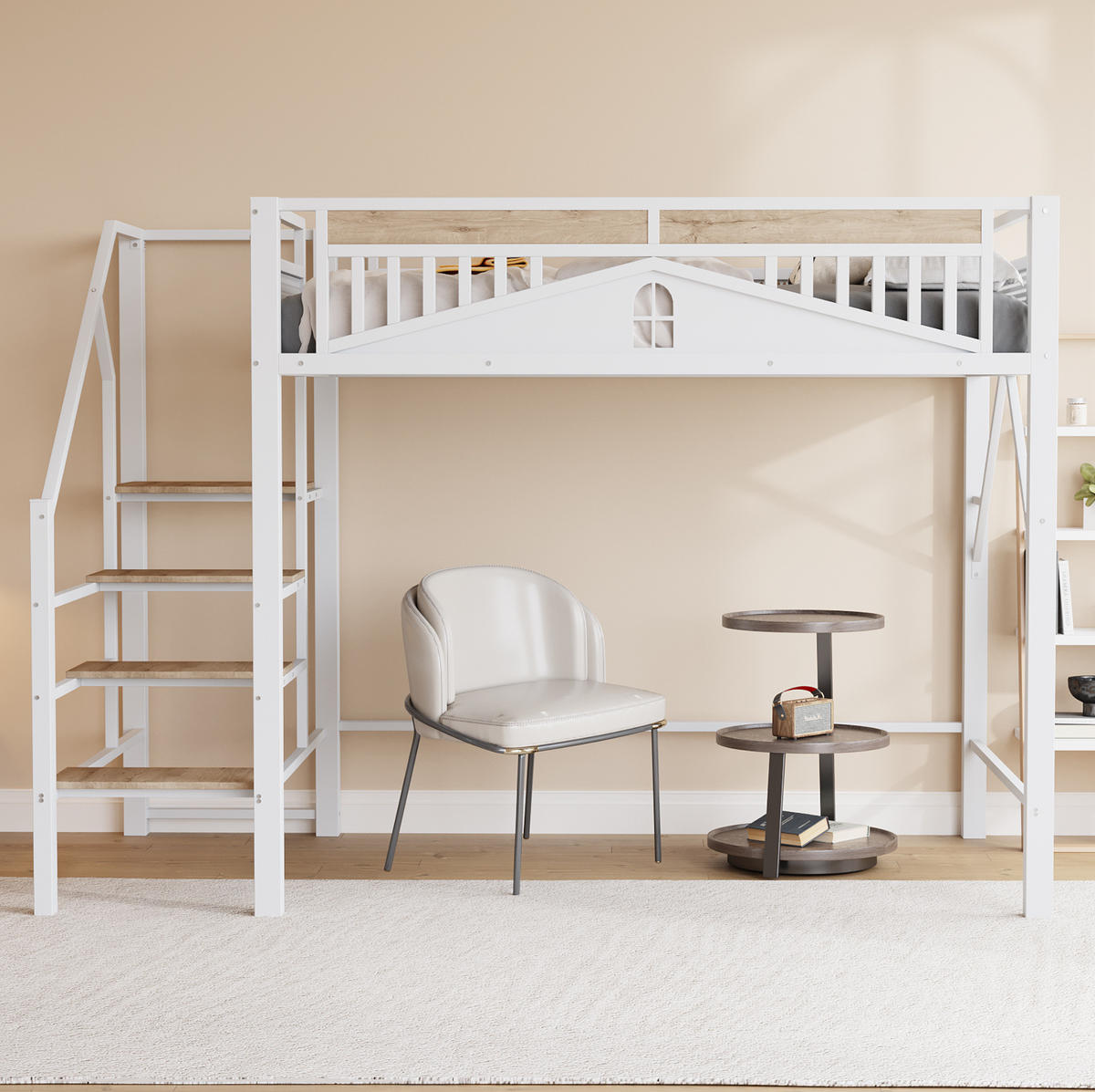 HOCHBETT 140/200 cm aus Metall und Holz mit Sicherheitsleiter, Stauraum und Fensterdesign, Weiß - Weiß, Metall (140/200cm) - Redom