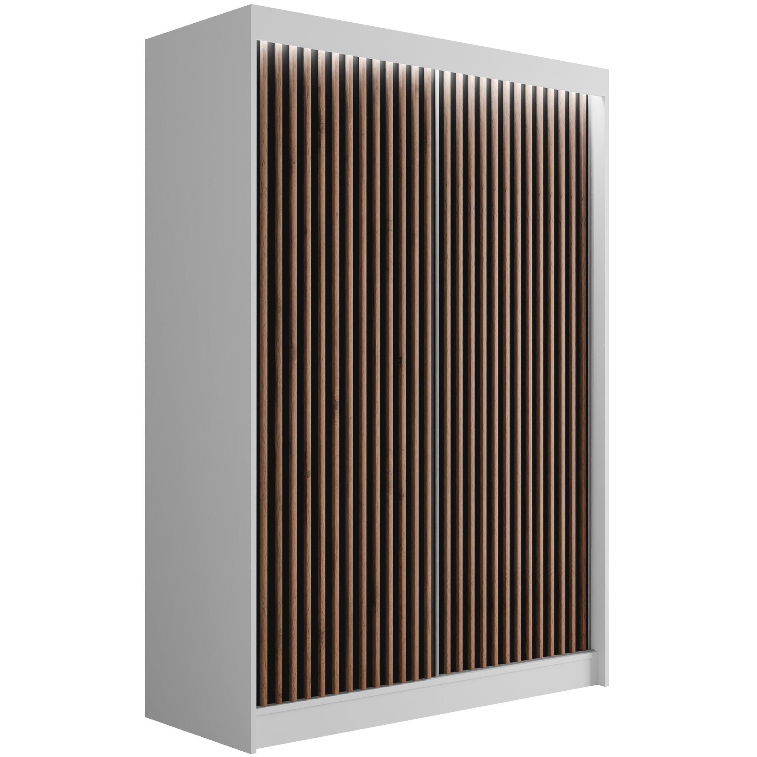 KLEIDERSCHRANK mit LED, Lamel-Schiebetüren VILANv2 - 150 cm Weiß + Lamelle Eiche Wotan - Eiche Wotan/Weiß, Holzwerkstoff (150/215/61cm) - ALTDECOR