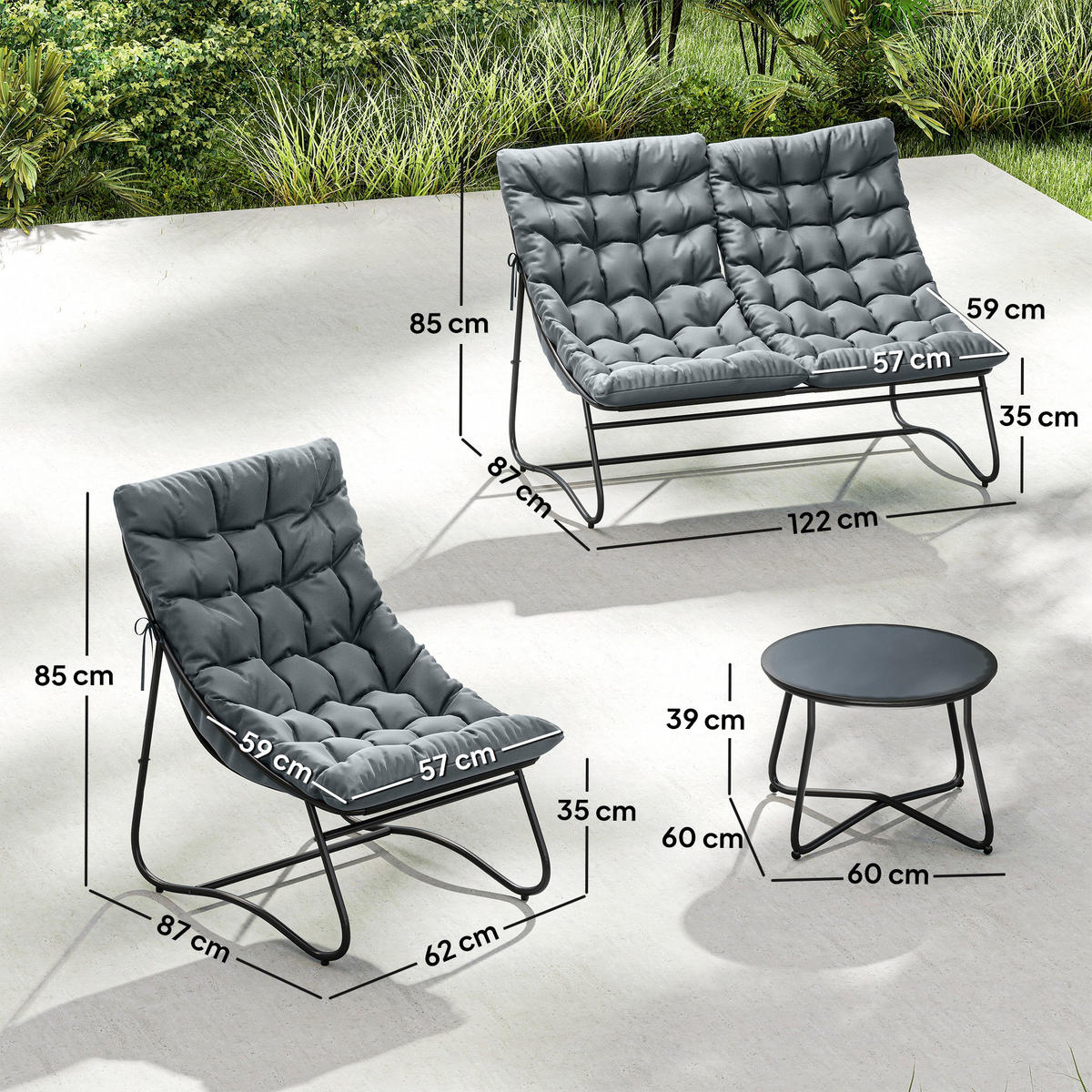 GARTENSET 4-teilig Grau 122.0/87.0/85.0 cm - Grau, Metall
