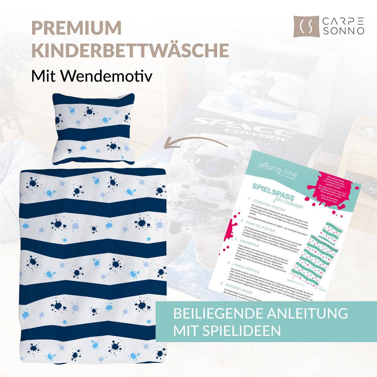 KINDERBETTWÄSCHE 135x200 cm Astronaut Weltall aus 100% Baumwolle - Leuchtet um Dunkeln - Blau, Textil (135/200cm) - Carpe Sonno