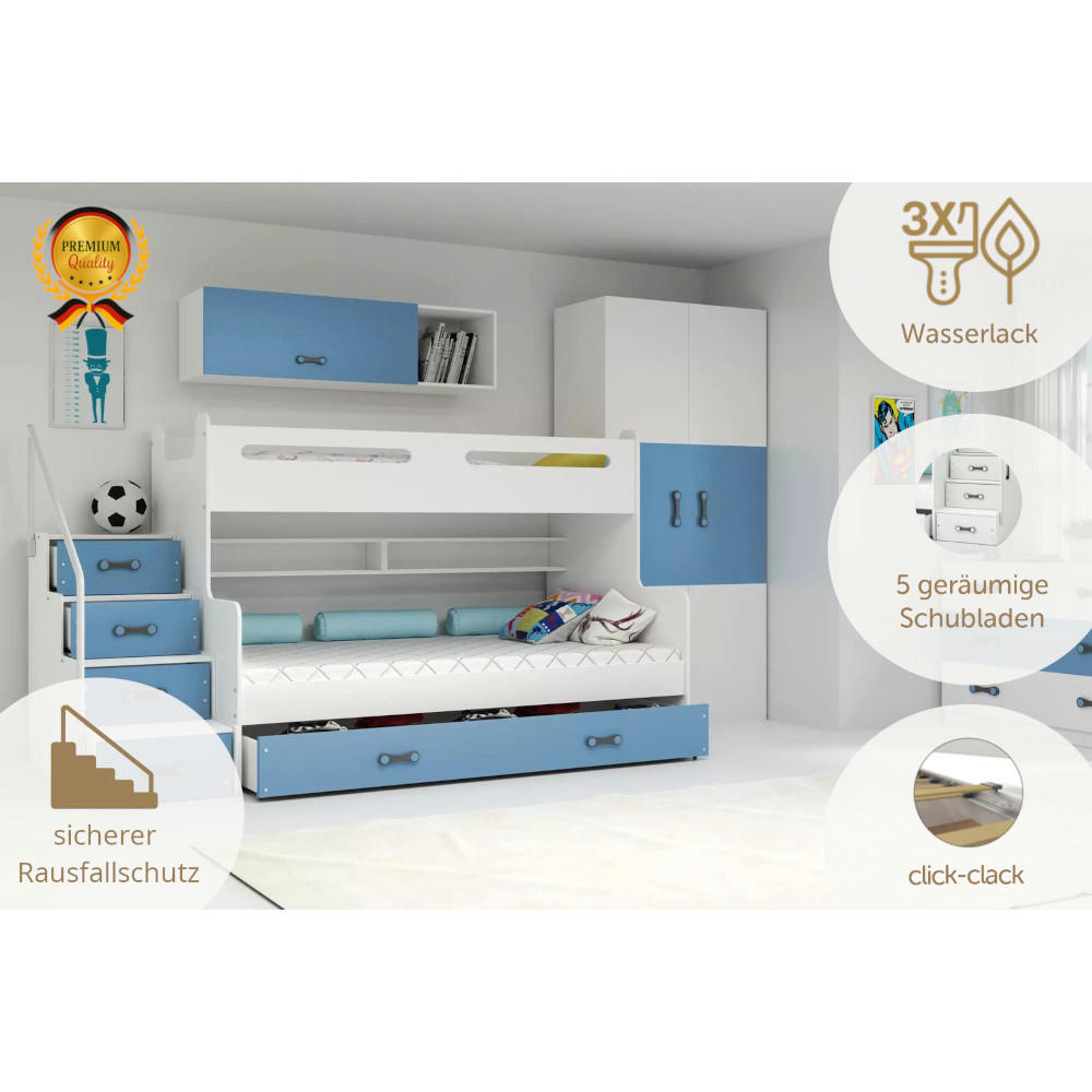 ETAGENBETT Max 3 200x80cm / 200x120cm mit Schublade und Lattenrost - Blau/Weiß, Holzwerkstoff (120/200cm) - Interbeds