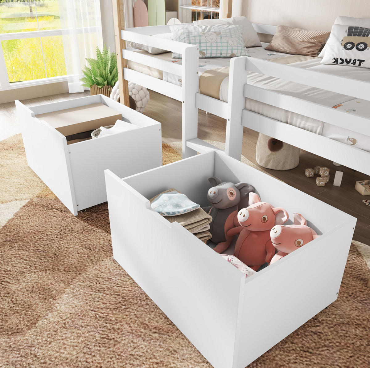 HAUSBETT 90/200 cm in Weiß/Natur mit Treppe und 2 Schließfächern - Weiß, Holzwerkstoff (90/200cm) - Flora Grace