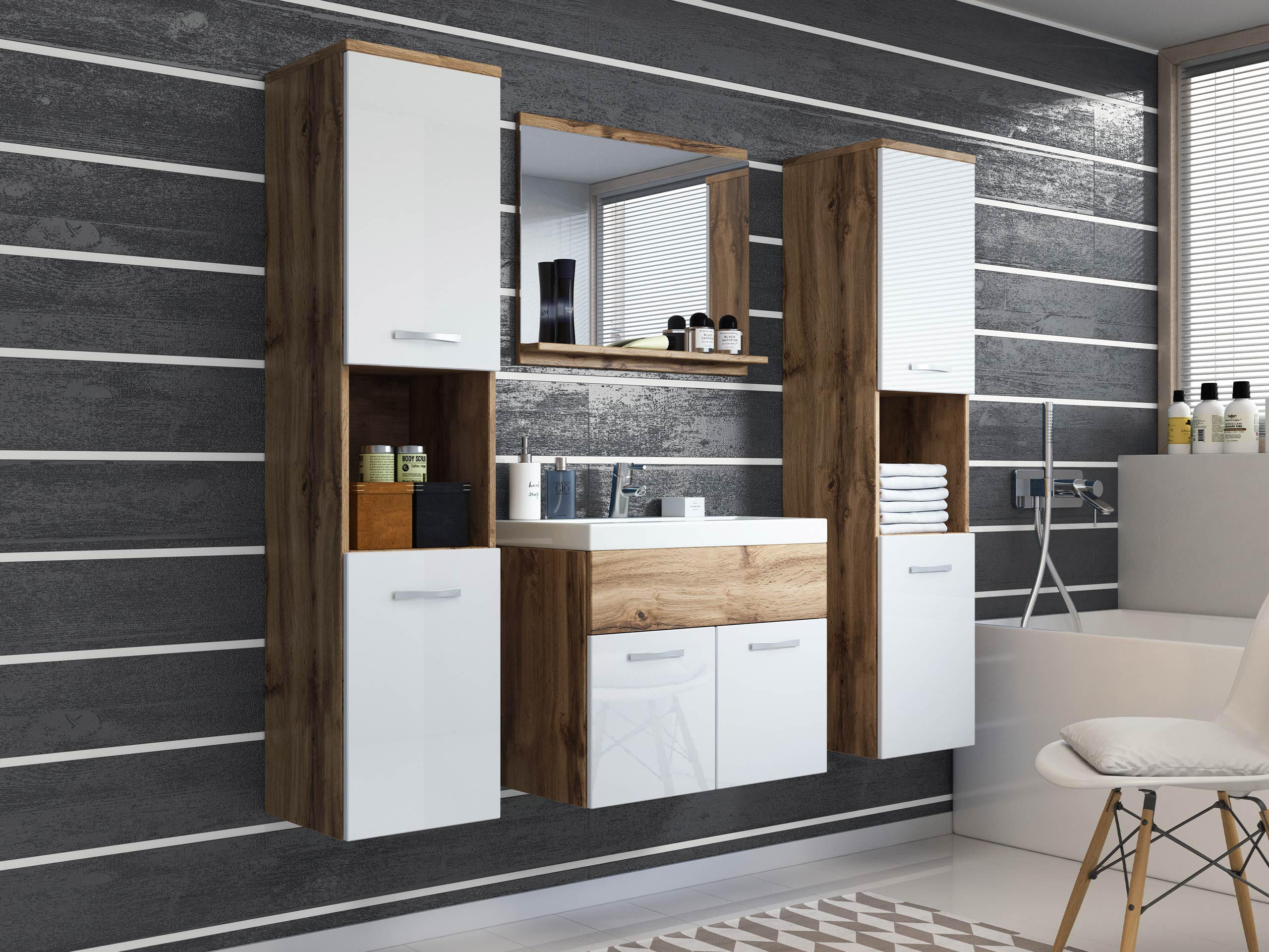 BADMÖBEL-SET Montreal XL - Weiß Hochglanz/Eiche Wotan, Holzwerkstoff (30/132/30cm) - MIRJAN24