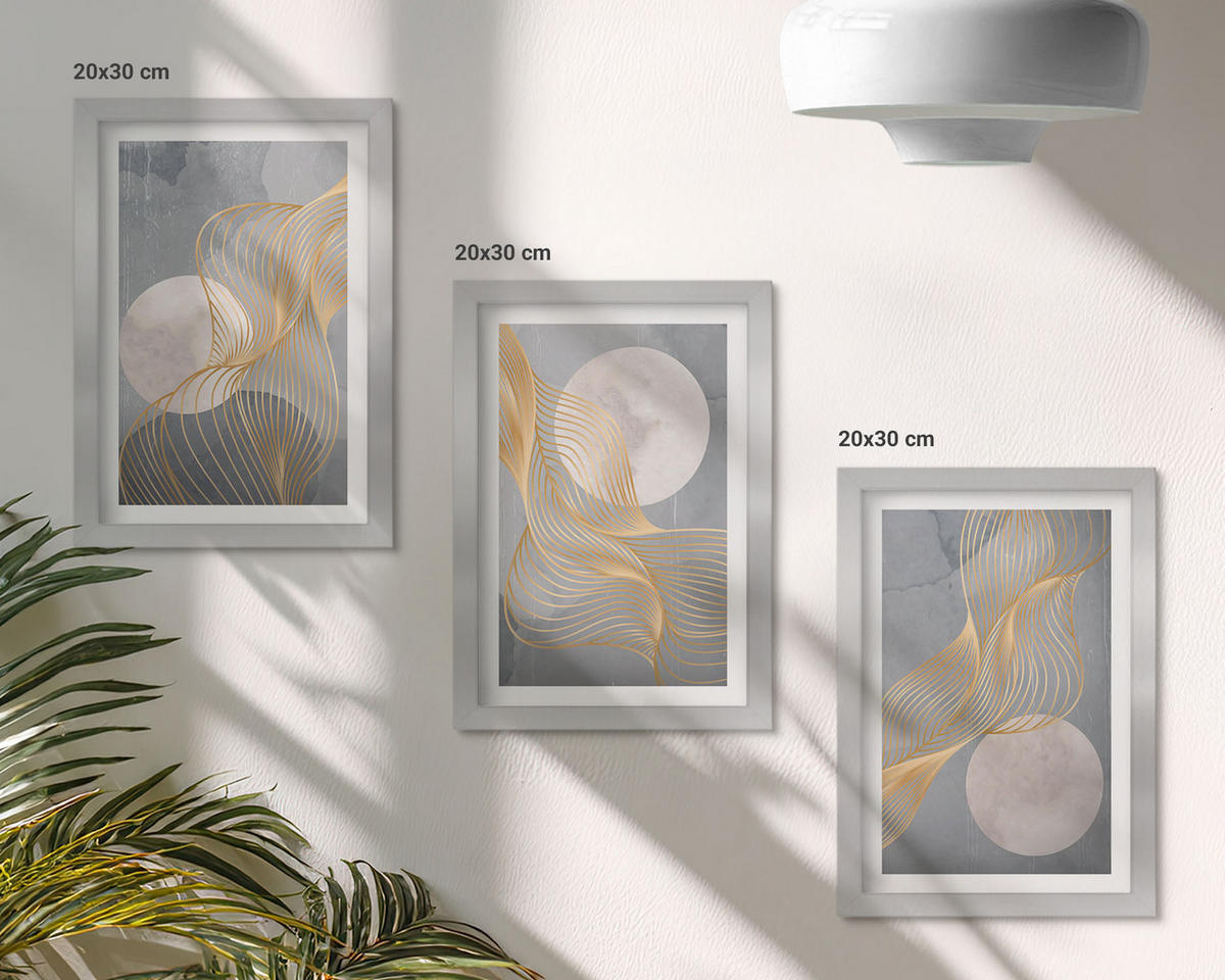 WANDBILDER 3er Set - 20x30 cm Silberner Rahmen - Abstrakte Muster Wellen Kreise - Silberfarben, Kunststoff (20/30cm) - ArtPrintCave