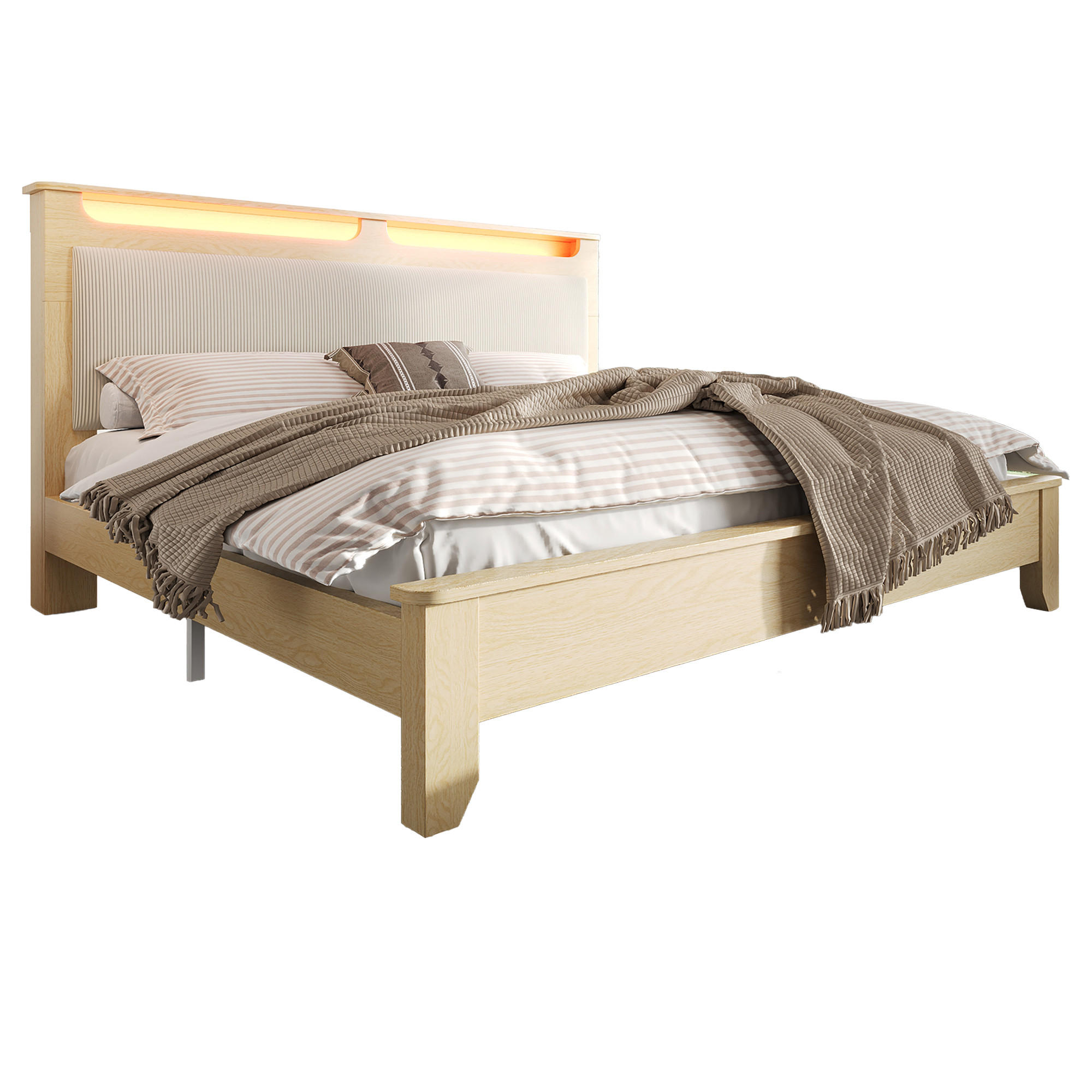 DOPPELBETT 140/200 cm mit LED-Kopfteil, Stauraum und Cord-Rückenlehne, Eichefarben/Beige - Beige, Textil (140/200cm) - Redom