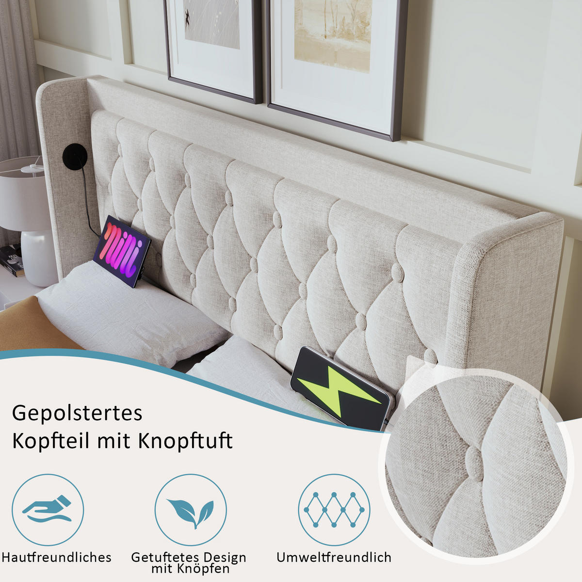 POLSTERBETT 160/200 cm in Beige Stoff mit Bettkasten, LED und USB - Beige, Holzwerkstoff/Textil (160/200cm) - WISHDOR
