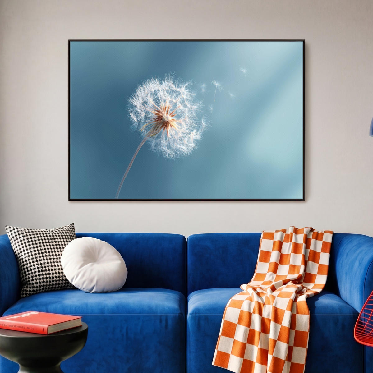 LEINWAND Bilder mit Rahmen - Löwenzahn - Wind - Blau - 90x60 - Blaugrau, Textil (90/60cm) - MuchoWow